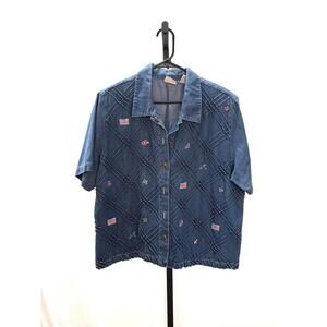Women's Short Sleeve Denim Casual Shirt with Embroidered Details 18w Americana